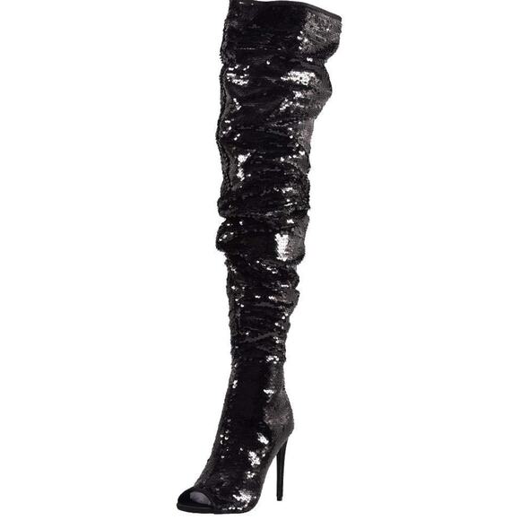 CAMSSOO Women's Sparkle Sequins Over The Knee Boots Sexy High Heels Open Toe 9.5 - Picture 1 of 8